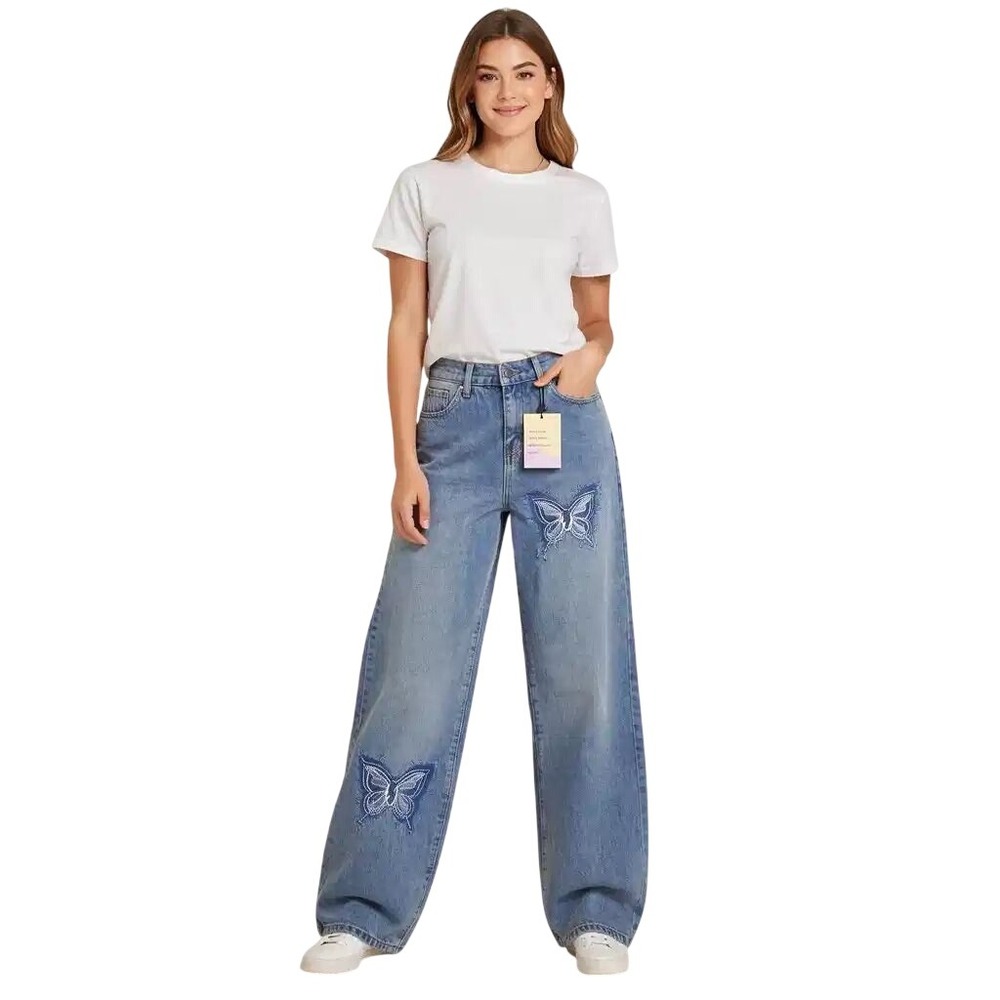 Your Cute Jeans Womens Wide Leg Butterfly Patch Acid Wash Denim Jeans Size 3 NWT